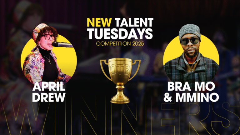 Home 9 April Dew and Bra Mo & Mmimo, winners of the 2025 NTT competition, standing with their On The Bill trophy.